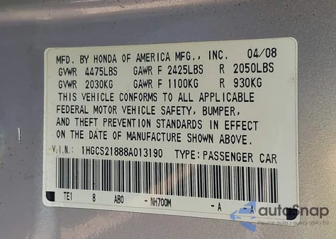 2008 Honda Accord 3.5 Ex-L from USA, damaged, VIN 1HGCS21888A013190